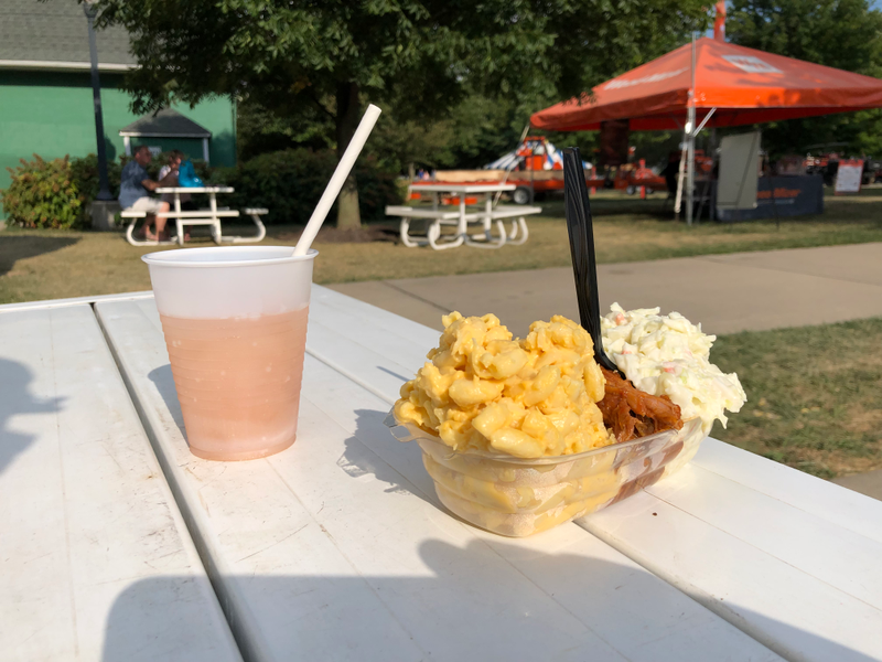 Peach cider slush (mmmmmmm) and a Indiana Pork BBQ Split (Mac & cheese, BBQ, and Cole slaw).